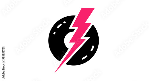Pink lightning bolt on black circle.