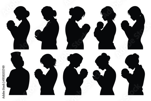 Collection of silhouetted mothers breastfeeding babies in various poses and hairstyles against a white background