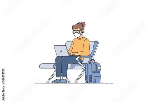 Individual wearing protective mask and goggles works on laptop in waiting area with backpack nearby during travel