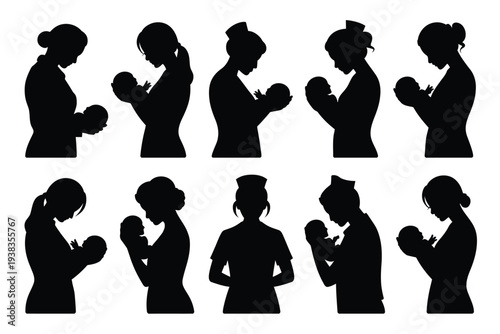 Collection of silhouetted mothers in various poses breastfeeding or holding babies against a white background