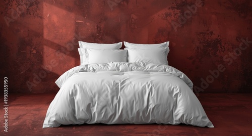 Commercial mock up of white bedding set on rich blue textured background