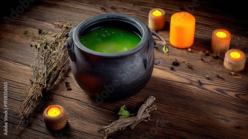 Wooden table with a steaming cauldron of green potion, surrounded by dried herbs and candlelight.