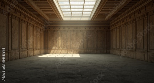 Empty chamber under brilliant ceiling light casting shadows