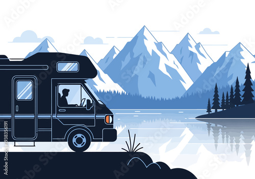 Recreational Vehicle Driving Adventure Scenic Lakeside Mountain Landscape Travel Destination Outdoor Recreation Journey Exploration