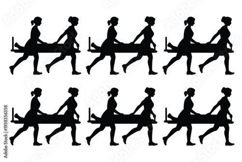 Women carrying stretcher in various stages of movement silhouetted figures against white background dynamic poses rescue operation