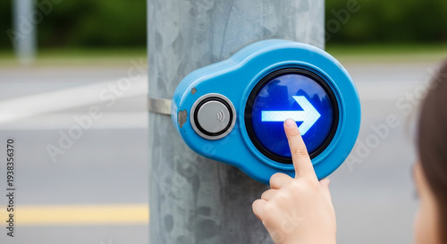 Wallpaper Mural Person pressing a blue pedestrian crossing button on a pole outdoors Torontodigital.ca