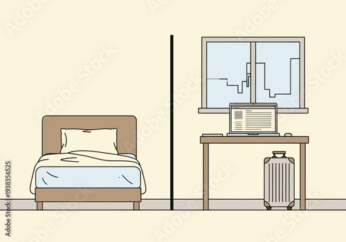 Split living space showing a tidy bed on one side and a desk with a laptop and suitcase on the other representing remote work balance