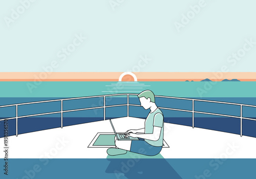Man working on laptop on a boat deck with ocean sunset view enjoying digital nomad lifestyle freedom and remote work adventure
