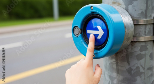 Wallpaper Mural A persons finger pressing a blue pedestrian crossing button with a white arrow on a metal pole beside a road Torontodigital.ca