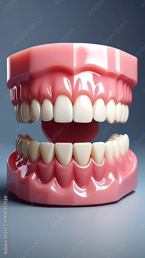 Obraz premium Close-up of prosthetic teeth model with pink gums, set on light blue