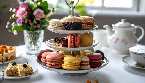 Tower of colorful macarons and pastries displayed with teapot, floral arrangement, and teacup on a white tablecloth