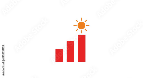 Red bar chart with sun rising.