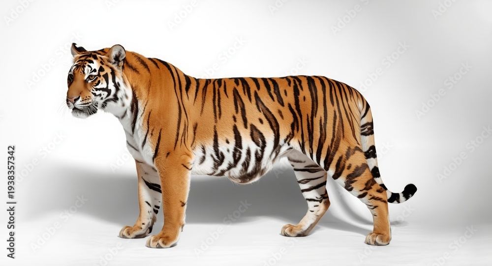 Obraz premium Bengal tiger standing tall with shadow cast on white surface