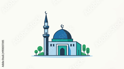 Eid celebrations illuminate a grand mosque with a towering minaret and stunning dome. Perfect for festive greeting cards and posters.