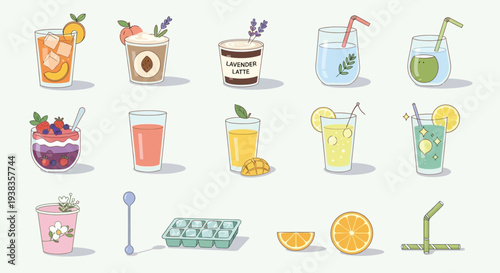 A collection of various refreshing drinks and beverage-related items like fruit slices, ice cube tray, spoons, and straws in an illustrative style.