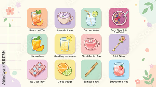 A collection of cute pastel cartoon icons featuring various refreshing drinks and beverage accessories like straws and ice trays.