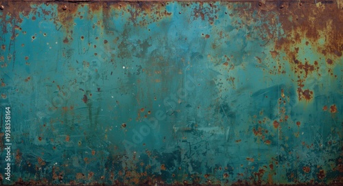 Aged teal metal surface with rivet details and rust texture in industrial style including copy space