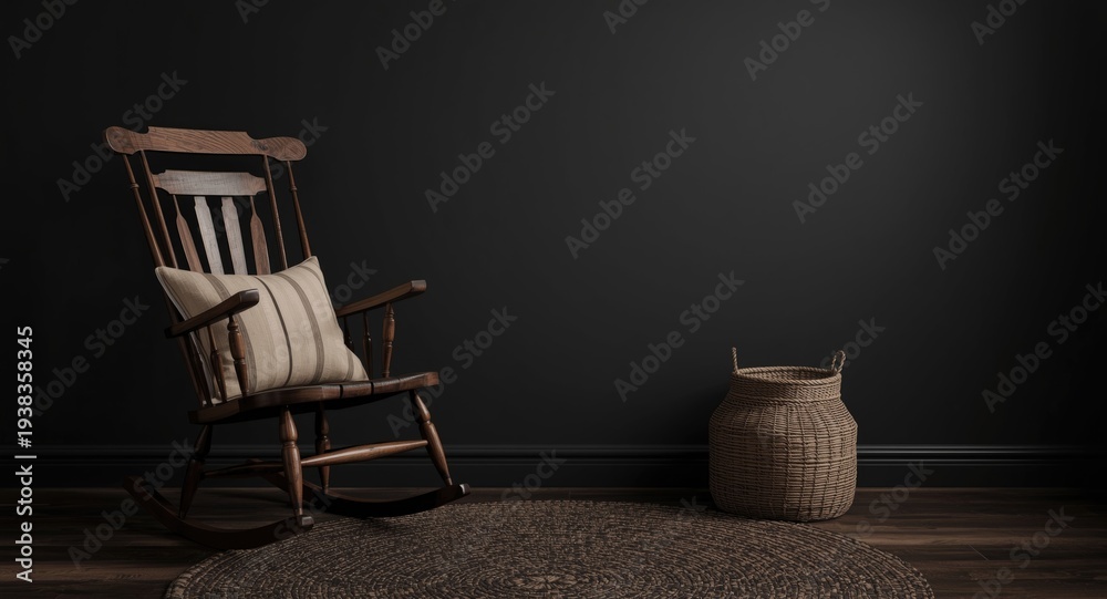 Fototapeta premium Dark room decorated with a wooden rocking chair, pillow, and woven basket