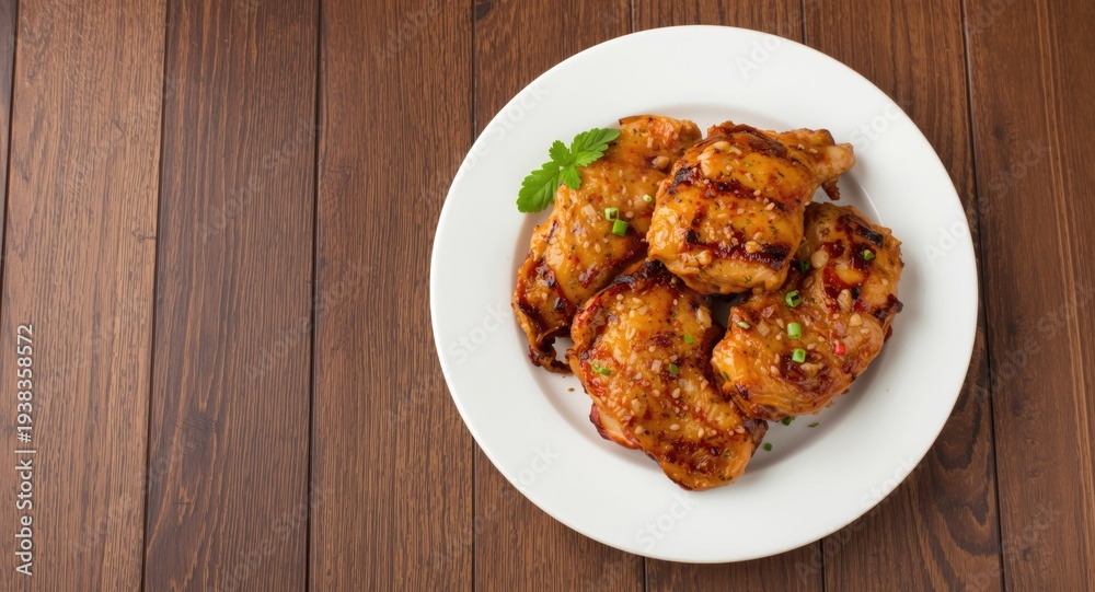 Fototapeta premium Cooked chicken steaks on white plate sitting on brown wooden floor including copy space area