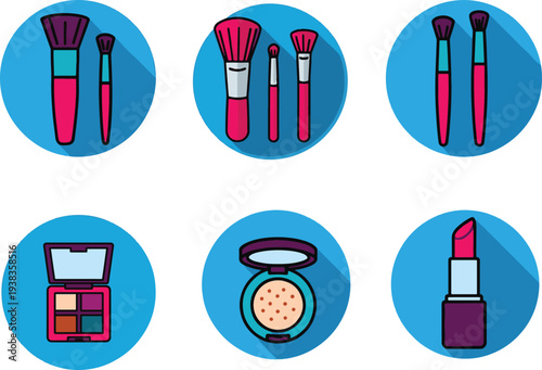 Professional cosmetic beauty products and makeup artist equipment collection with colorful pink hand-drawn vector illustration icon set