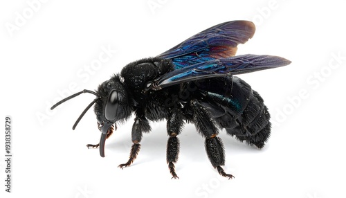 Black bee with iridescent blue wings on a white background, slightly angled side view