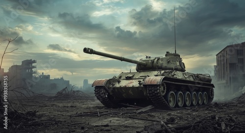 Battle tank in a devastated metropolitan area under armed conflict conditions
