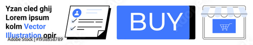 Checklist with profile icon, large blue buy button, and storefront icon with shopping cart motif. Ideal for online shopping websites, e-commerce platforms, digital purchases, retail apps, and market