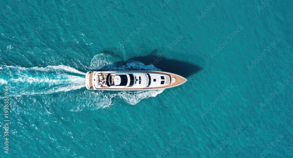 Naklejka premium drone view of opulent boat cruising on bright azure ocean surface