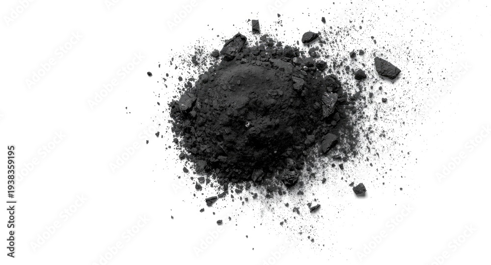 Obraz premium Close up of black coal dust fragments isolated on white blank background