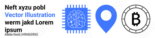AI brain inside a microchip, blue geolocation marker, black Bitcoin symbol. Ideal for technology, finance, AI, navigation, cryptocurrency, digital economy, modern tech platforms. Landing page