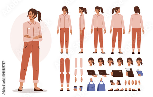 Confident woman manager wearing formal shirt and trousers. Front, side, back poses and postures set. Vector illustration. 
