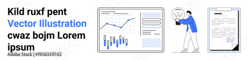Graphs and bar charts in frames, a person holding a plant, documents with checkmarks. Ideal for business analytics, research, data analysis, documentation, presentations, reports, corporate design
