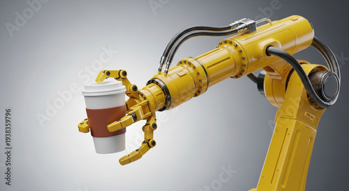 Wallpaper Mural Yellow robotic arm holding a brown disposable coffee cup with white lid Torontodigital.ca