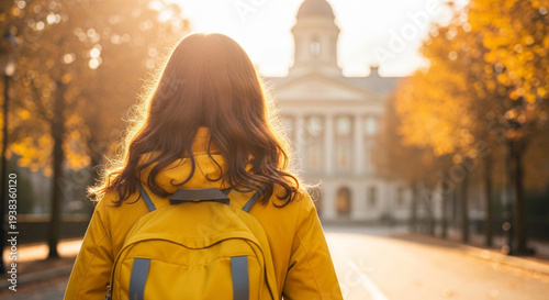Wallpaper Mural Woman with backpack walking down a street towards a large building on a sunny autumn day Torontodigital.ca