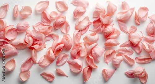 Delicate petals from flowers loosely arranged on a white background