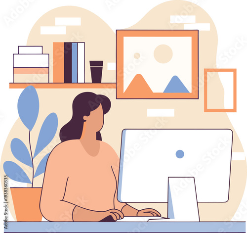 Woman Typing on Desktop in Calm Workspace