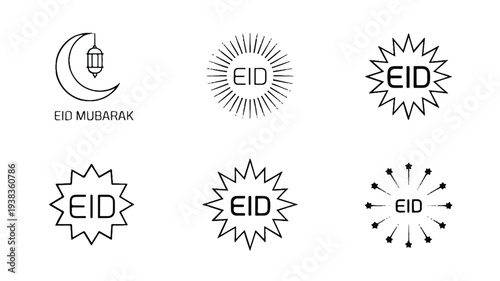 Eid Mubarak celebration icons with crescent moon and starburst designs