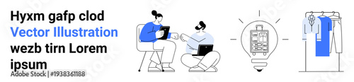 Two individuals collaborating on digital devices, a bright idea symbolized by a lightbulb, and a clothing rack. Ideal for teamwork, creativity, brainstorming, education, innovation, online business