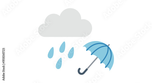 Simple flat design illustration showing a gray cloud with rain and an open blue umbrella for weather protection.