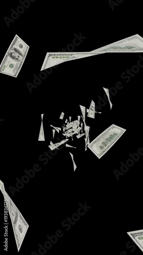 Bills of money move freely in empty space. vertical video.  looping animation