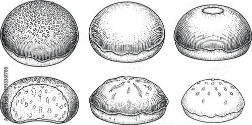 Vintage Engraved Burger Bun Collection with Sesame Seed Bread and Bakery Illustration Set