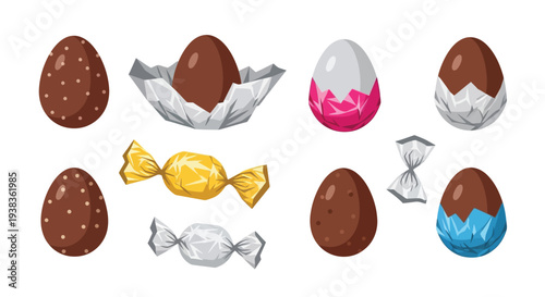 Assortment of delicious chocolate Easter eggs and colorful wrapped candies isolated on a clean white background illustration