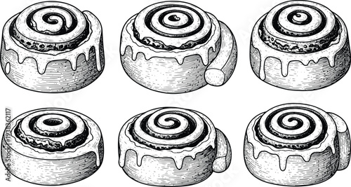 Vintage Engraved Cinnamon Roll Pastry Collection with Sweet Icing Drip Bakery Dessert Illustration Set