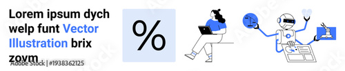 Percentage sign, woman with laptop, and robot interacting with technology showcasing diversity in modern workspaces. Ideal for tech, innovation, remote work, AI, productivity, futuristic design
