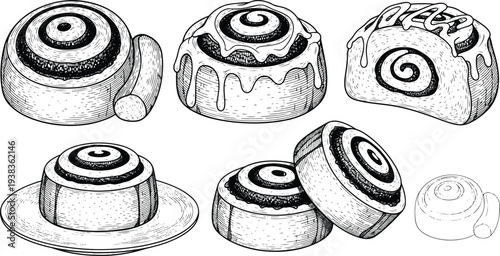Vintage Engraved Cinnamon Roll Pastry Collection with Icing Glaze and Bakery Dessert Illustration