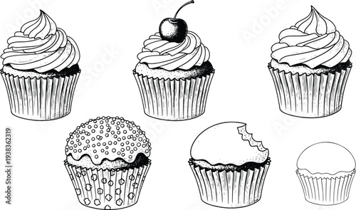 Vintage Engraved Cupcake Dessert Set with Frosting, Cherry Topping and Bakery Illustration Collection