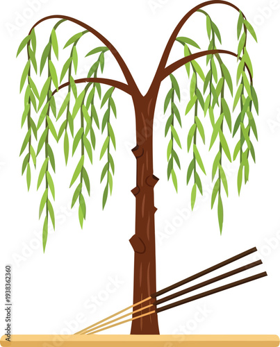 Stylized weeping willow tree with lush green leaves and three burning incense sticks creating a peaceful and serene atmosphere.