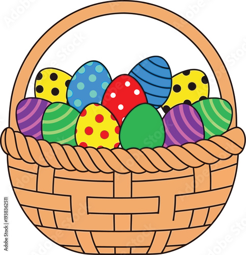 A charming illustration featuring a traditional brown wicker basket overflowing with many vibrant, brightly colored Easter eggs, each with unique patterns.