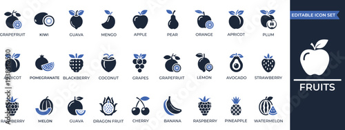 Fruits solid icon set. Containing apple, lemon, coconut, peach, banana, strawberry, cherry, watermelon, raspberry, pineapple, icons collection. Solid icon collection.