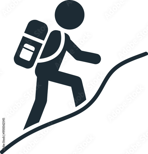 Simple pictogram icon representing a hiker with a backpack steadily ascending a steep hill or mountain path